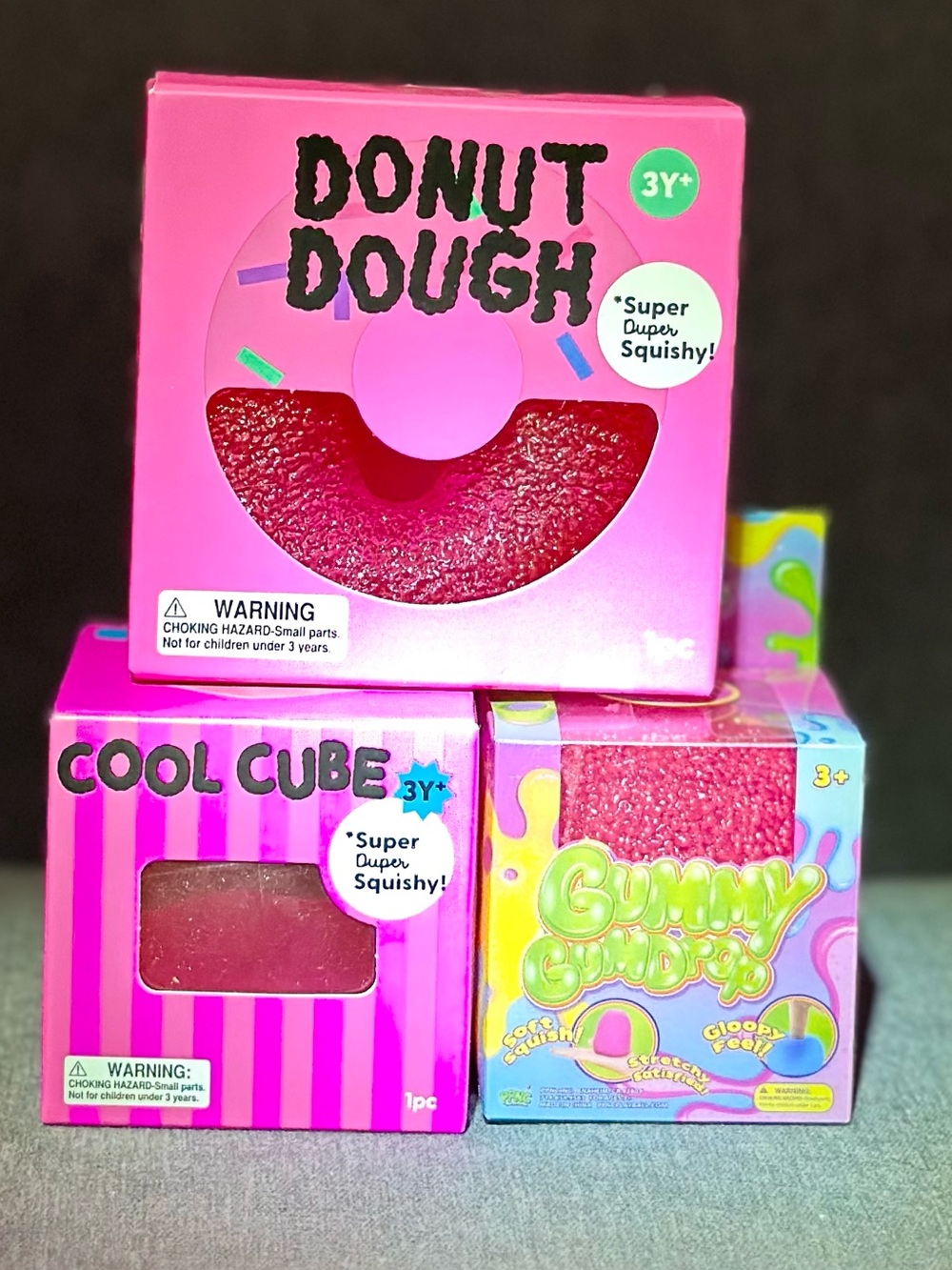 Viral Squishy Bundle 3 - Donut Dough, Cool Cube Squishy, Gummy Gumdrop (Pink)